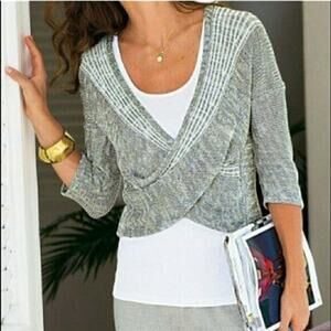 Soft Surroundings Wrap Around Linen Sweater Gray White Womens XSmall Knit Casual